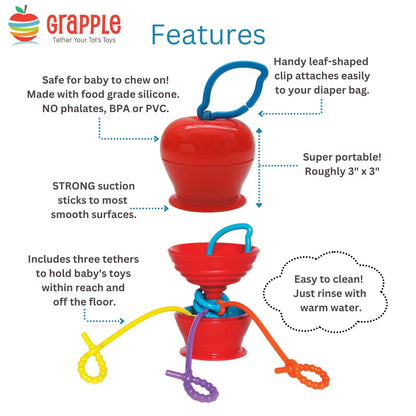 Grapple, the Baby Suction Cup Toy Holder for High Chair, Stroller and Teething Toys for Babies 6-12 Months. One of Your Baby Must Haves!