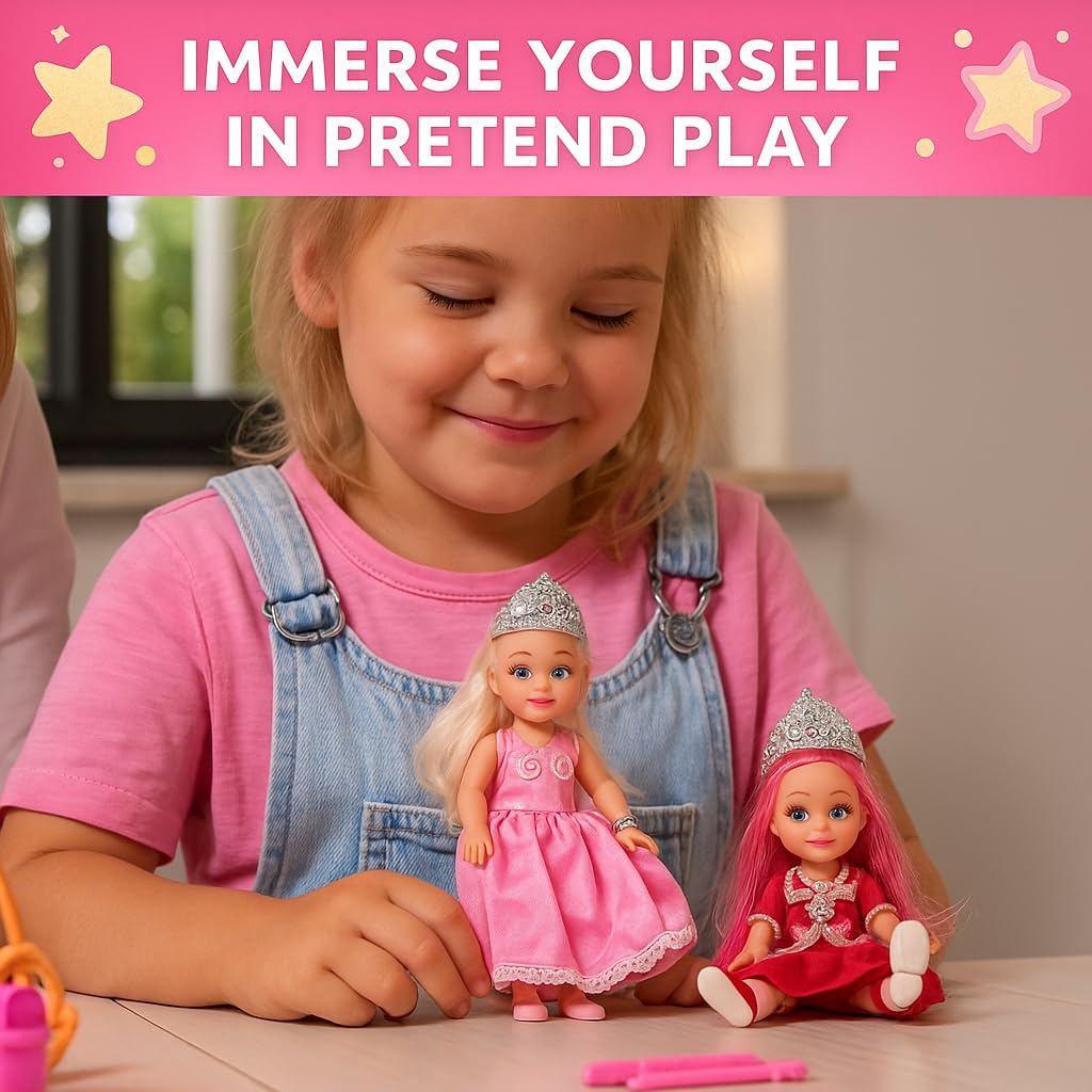 TOMLEON Princess Dolls Playset – 6 Mini Princess Dolls with Colorful Gowns, Crowns & Jewelry – Fantasy Role Play Set for Kids with Elegant Dresses, Accessories & Royal-Themed Box – Gift for Ages 3+