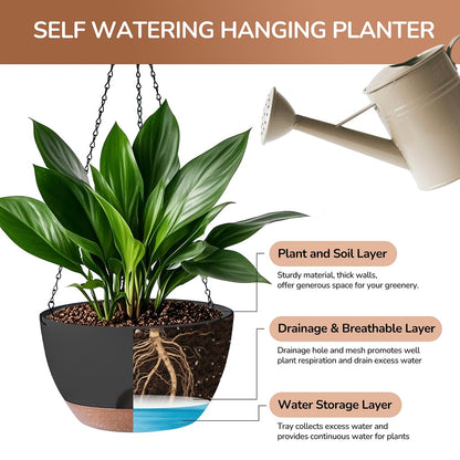 LESOASIS Hanging Planter for Indoor Plants, 10 Inch Self-Watering Hanging Planters with Drainage Holes and Chain, Set of 2 Outdoor Hanging Pots for Garden Home