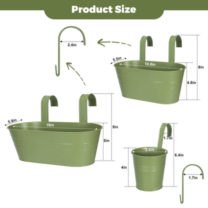 3 Different Size Metal Iron Hanging Flower Pots 10 Pcs for Outdoor Plants Metal Hanging Bucket Pots Iron Railing Fence Planter with Drainage Holes and Hooks for Porch Railing Balcony Fence (Green)