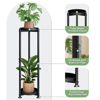 YIZAIJIA Plant Stand Indoor Outdoor Corner Tall 2 Tier Metal Tiered Single Small Plant Stands Sturdy Shelf for Living Room Balcony Garden,Black
