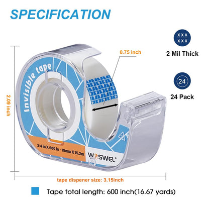 WOSWEL Tape Refills with Dispenser, 36 Roll Invisible Tapes, 3/4 Inch X 600 in, Gift Wrapping Tapes Supplier for Home School Office Use