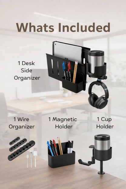 JVCOLLA Desk Side Storage Organizer Clamp On – Side Desk Organizer Kit with Cup Holder, Magnetic Cable Organizer & Accessory Magnet, Hanging Desk Organizer for Home Office & Standing Desk