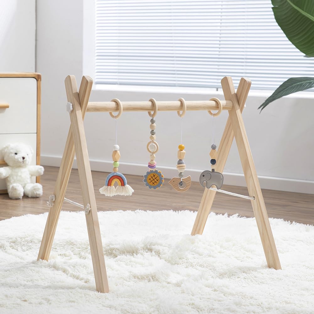 Toyking Wooden Baby Play Gym with Hanging Bar, 4 Gym Toys and Natural Pine Wood, Perfect for Infant Development