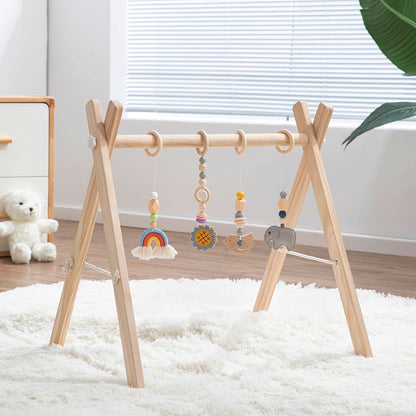 Toyking Wooden Baby Play Gym with Hanging Bar, 4 Gym Toys and Natural Pine Wood, Perfect for Infant Development