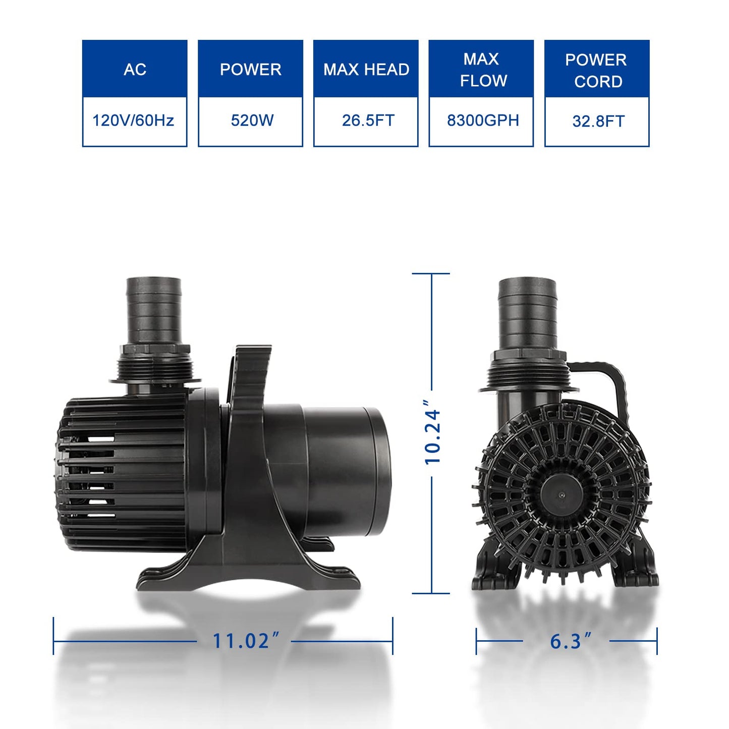 OYO WATER Outdoor Large 8300gph-520W 32.8FT Pond Water-fall & Kio Fish Fountain-s &Garden Pump Submersible IPX8: Long 32.8FT Cord Smart-er & Quieter Duck & Yard &Patio Ponds Pumps, 1 Barrier Pump Bag