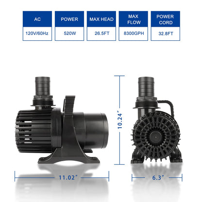 OYO WATER Outdoor Large 8300gph-520W 32.8FT Pond Water-fall & Kio Fish Fountain-s &Garden Pump Submersible IPX8: Long 32.8FT Cord Smart-er & Quieter Duck & Yard &Patio Ponds Pumps, 1 Barrier Pump Bag