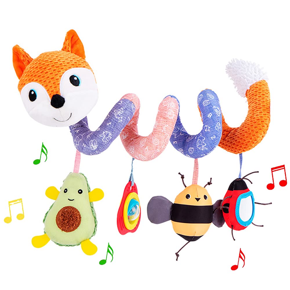 ORZIZRO Car Seat Toys, Baby Plush Spiral Hanging Toys for Stroller Crib Bar Bassinet Car Seat Mobile with Music Box BB Squeaker Rattles- Orange Fox
