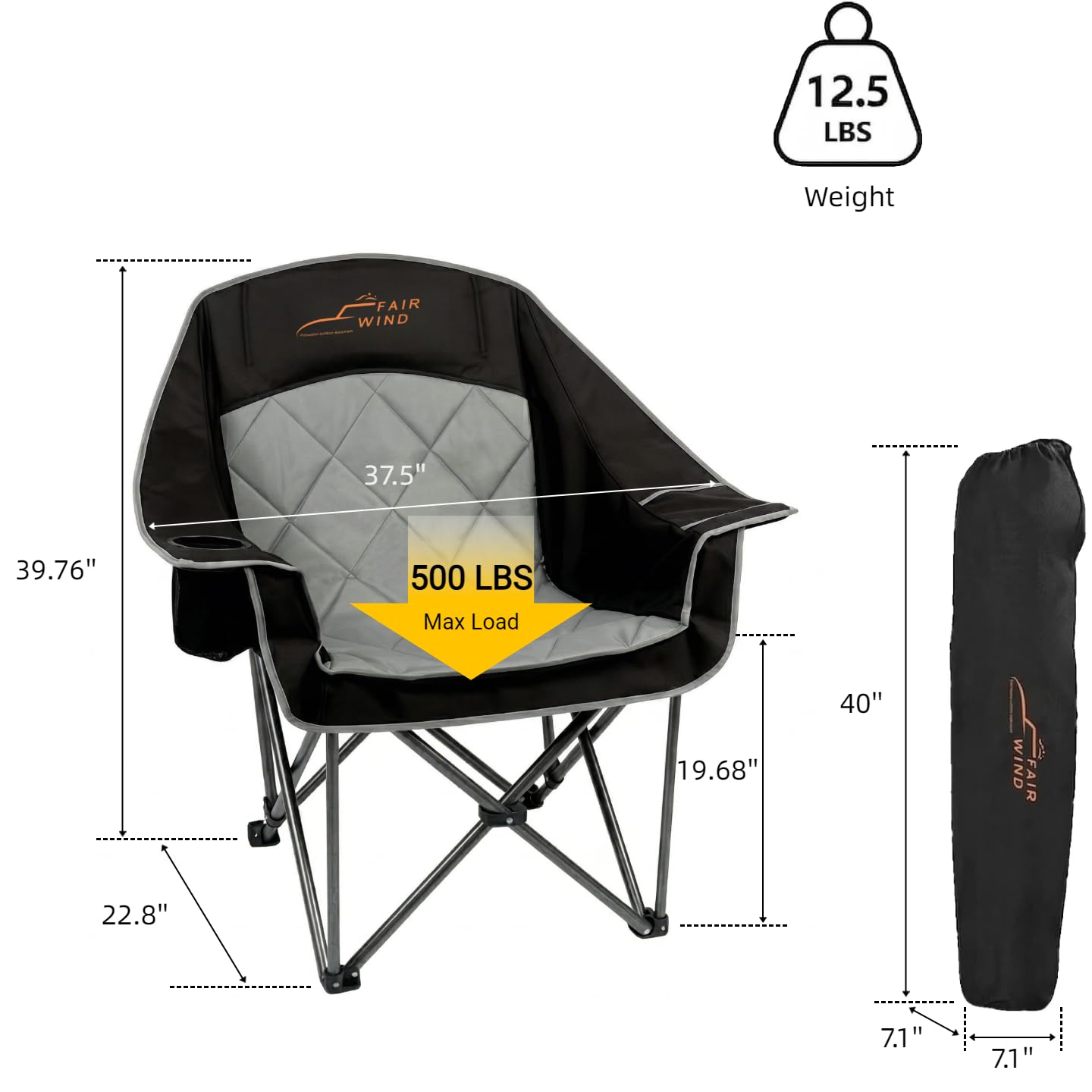 FAIR WIND 2 Pack Oversized Padded Camping Chair Heavy Duty Quad Fold Arm Chair Portable for Outdoor - Support 500LBS, Black