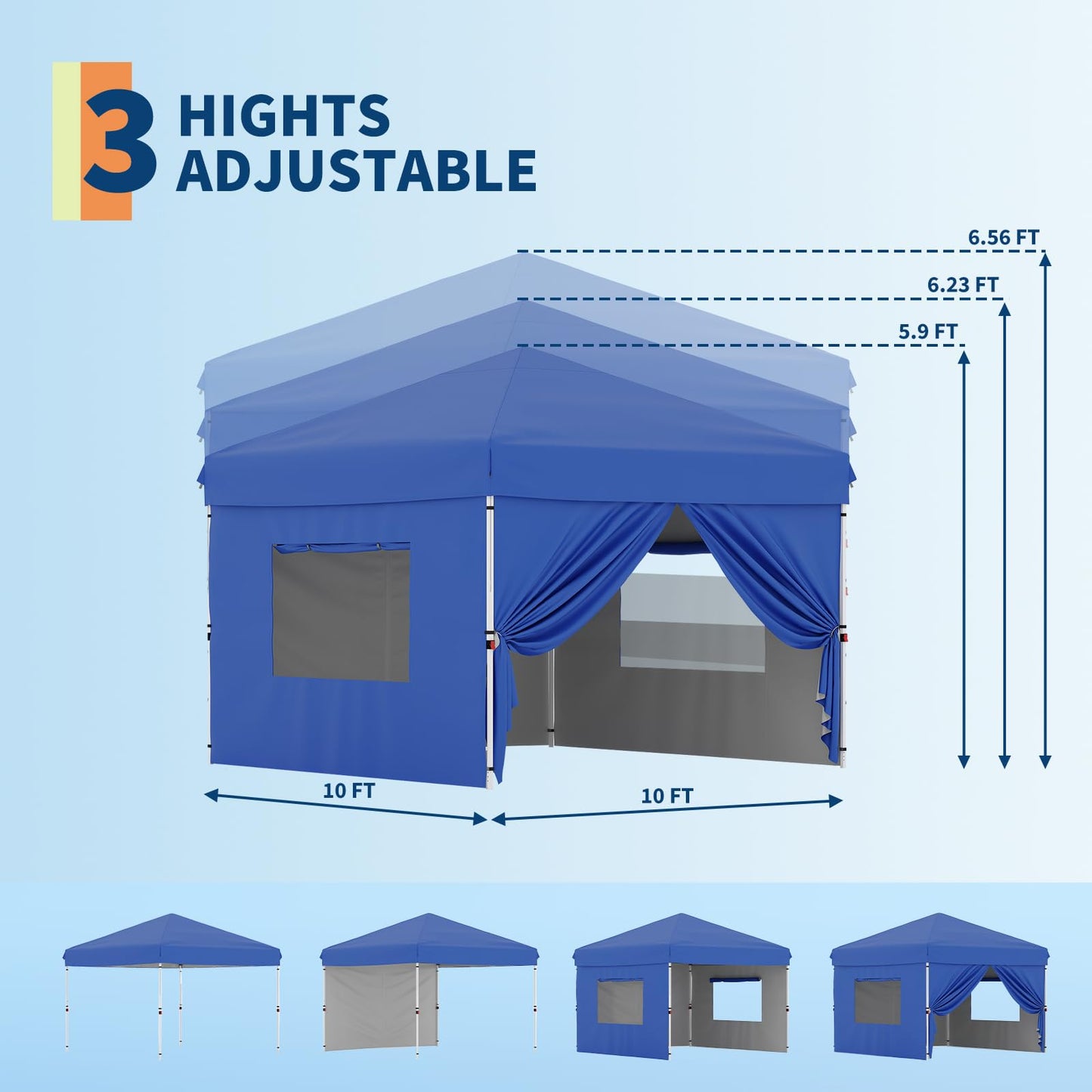 GarveeLife 10x10 Pop Up Canopy with 4Pcs Sidewalls Easy Up Camping Tent with One Button Push Setup 1 Roller Bag 3 Adjustable Height 4 Weight Bags (Blue)