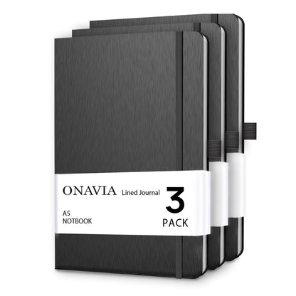 ONAVIA A5 College Ruled Notebook 3 Pack, Hardcover Lined Journals for School Notes, Study, Homework, Class Writing and Journaling, 160 Pages (80 Sheets), 5.8 x 8.3 in, Black