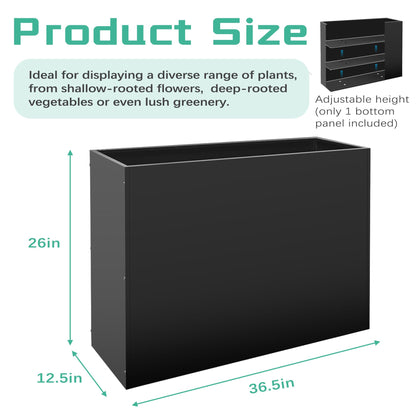 Metal Rectangular Planter Box, Large Planter Boxes Outdoor, 37''L x 13''W x 26''H Heavy Duty Plant Box with Removable Insert Shelf, 3 Tier Adjustable Height Tall Garden Planter for Plants, Flowers