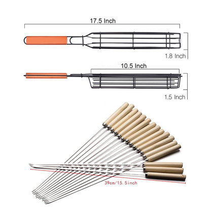 TQ-OUTDOOR Kabob Grilling Set - 6 Non-Stick Grill Baskets & 6 Stainless Steel Skewers - Long Handle, 15.5 Inch, Steel