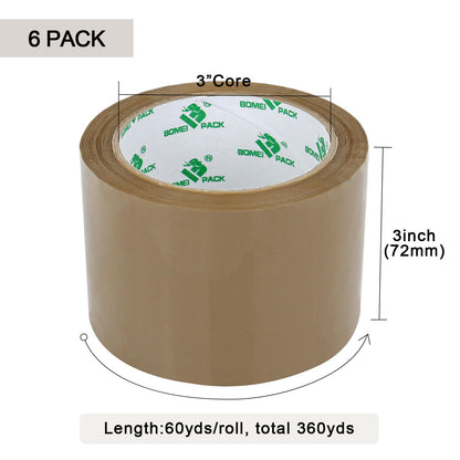 BOMEI PACK 3 inch Brown Packing Tape, 6 Refills Rolls Wide Packaging Tape for Moving, Shipping and Storage, 2.4 Mil x 60 Yards
