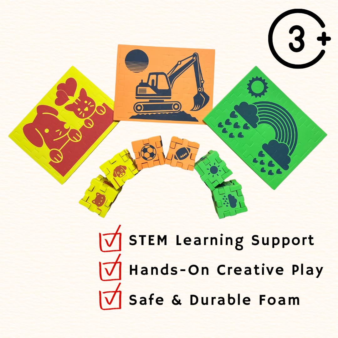 AEH Story 2D & 3D Foam Puzzle for Kids Ages 3+, Dog & Cat Animal Travel Toy for Airplanes & Road Trips, Quiet Screen-Free Busy Bag Activity, Montessori STEM Fine-Motor Learning Toy – Yellow