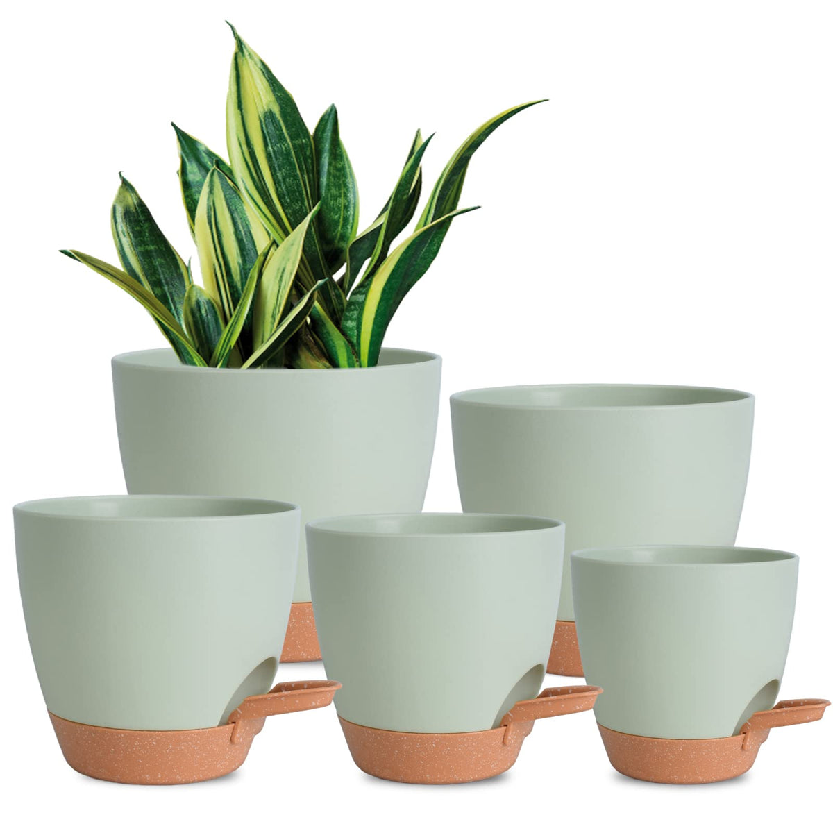 Vanslogreen Plant Pots Indoor 7/6.5/6/5.5/5 Inch Self Watering Planters for Indoor Plants with Drainage Hole, Plastic Flower Pots for Succulents, African Violet (Green)