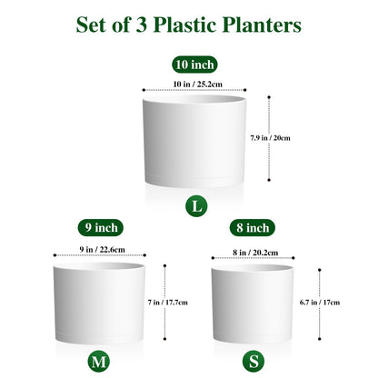KUGAZ Plant Pots, 10/9/8 Inch 3 Pack Cylindrical Flower Pots with Drainage Holes and Saucers, Plastic Planters for Outdoor Indoor Plants,White