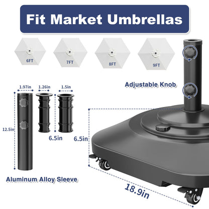 PGGP Patio Umbrella Base Heavy Duty with Wheels, Max 100lb Fillable Umbrella Stand Mobile Square Market Stand, Windproof Outdoor Umbrella Holder for Deck, Poolside, Lawn, Fits Muti Sized Umbrellas