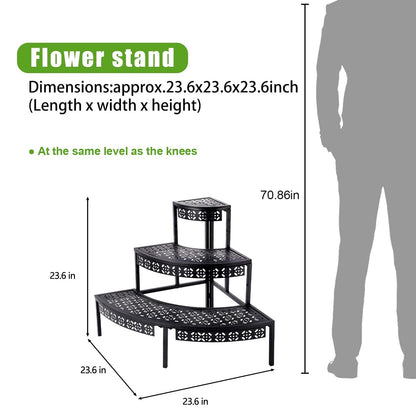 aboxoo 3 Tier Plant Stand Flower Pot Rack, Metal Stair-Step Style Corner Shelf Planters, Quarter Round Display Holder for Indoor Outdoor Use(Black, Semicircle)