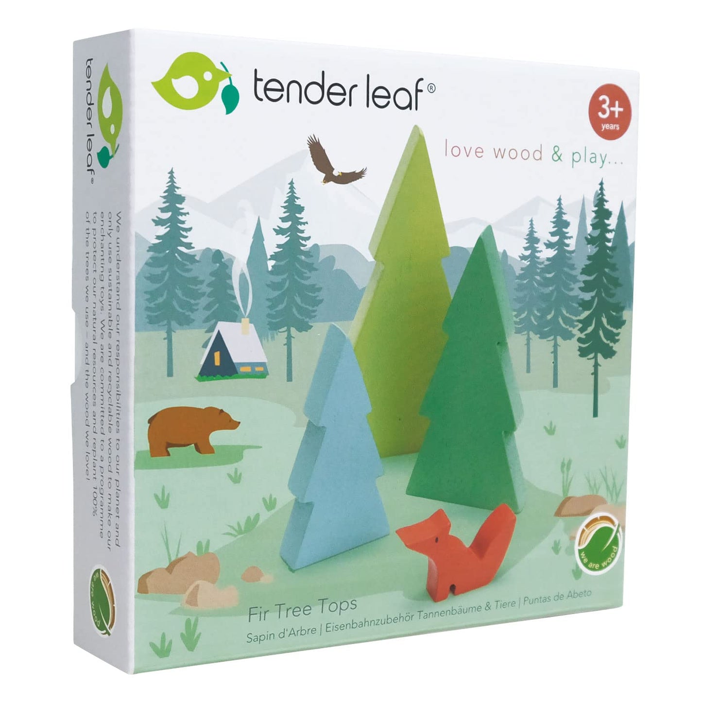 Tender Leaf Toys - Fir Tops - Set of Three Wooden Fir Trees and a Fox for Kids Train Accessories - Imaginative and Pretend Play for Kids Age 3+