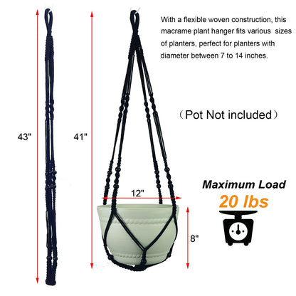 Bouqlife Large Macrame Plant Hanger Black 43 Inch Long for up to 12 Inch Pot No Tassel Cotton Rope Hanging Basket Plant Holder with Heavy Duty Ceiling Hooks