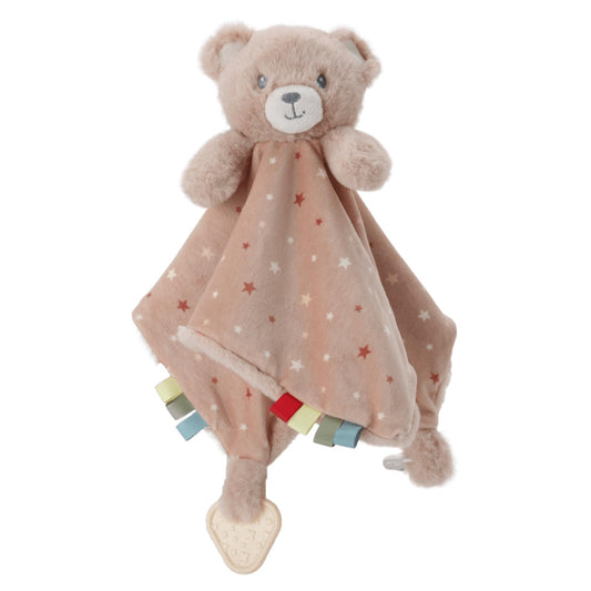 Linzy 14" Secure Teddy Bear Lovey for Babies – Soft Bear Plush Stuffed Animal Blanket with Colorful Dots, Cute Snuggle Comfort Toy with Raffles and Soothers for Newborns, Babies & Toddlers