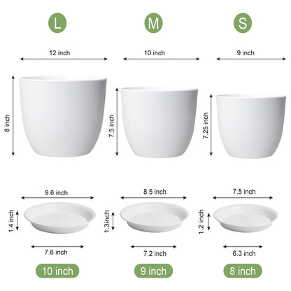 WSMKSZ 12/10/9 inch Large Plant Pots, 3 Pack Modern Decorative Plastic Planters with Drainage Holes and Saucers, Flower Pots for Indoor Outdoor Plants, White
