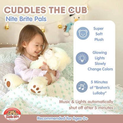 Cuddle Barn - Nite Brite Pals Cuddles the Cub | Large Glowing Musical Extra Soft Teddy Bear, LED Nightlight Changes Colors, Plays Brahm's Lullaby - Plush Bedtime Soother for Kids - 14 inches