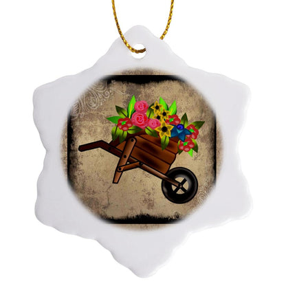 3dRose orn_14864_1 Flowers in Wheelbarrow Porcelain Snowflake Ornament, 3-Inch