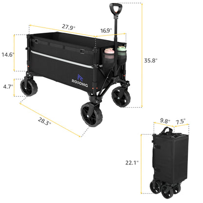 ROSONG Collapsible Wagon Cart with Wheels Foldable - Folding Utility Heavy Duty Wagons Carts for Grocery Sports Garden Shopping Camping Wheelbarrows (Black, 120L)