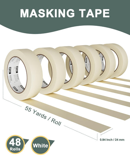 EFOK 48 Rolls Masking Tape 1 Inch Wide Bulk - 0.94 Inch x 55 Yards - Anti-UV White Professional Masking Tapes for General Purpose Painting - DIY Arts & Crafts No Residue