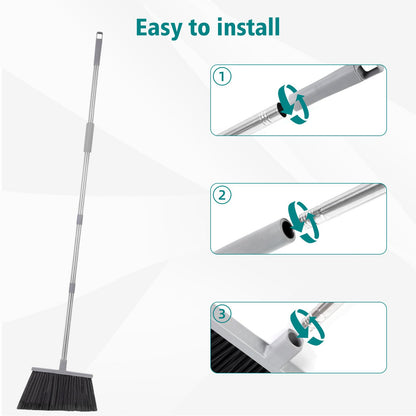 PBHEPJ Broom, Outdoor Broom for Floor Cleaning, 58" Long Stainless Steel Handle, Hard Bristle Angle Broom for Sweeping Indoor, Commercial, Industrial, Garage, Kitchen