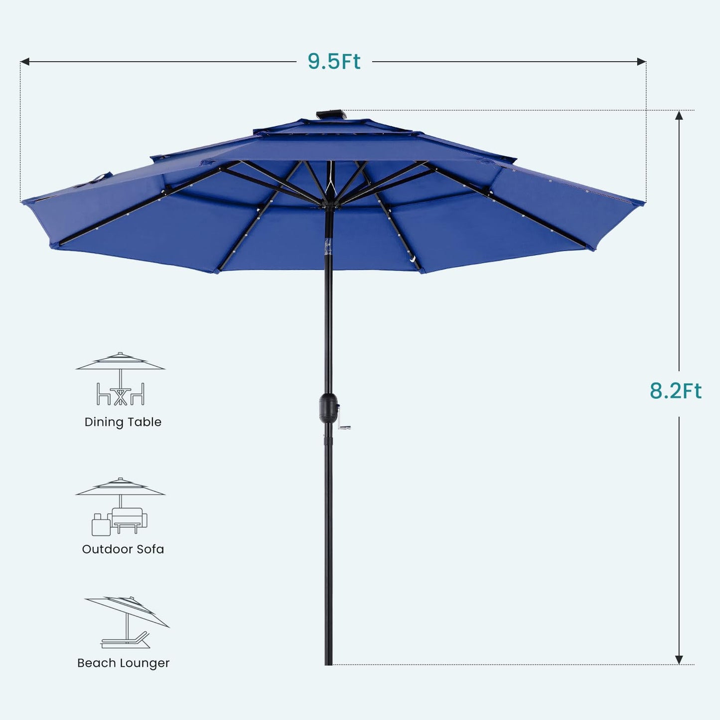 DUMOS 10FT 3 Tier Patio Umbrella with 32 LED Lights, 8 Ribs Outdoor Table Umbrella with Crank, Waterproof Market Umbrella for Pool, Beach, Terrace and Outdoor Restaurant, Navy Blue