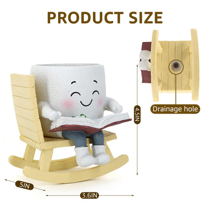 Smiley Face Planter Pot, Cute Resin Head Planter with Drainage Hole, Unique Rocking Chair Succulent Pot for Indoor Outdoor Plants, Funny Plant Lovers Gift for Mother's Day and Christmas (Side-Sitting)