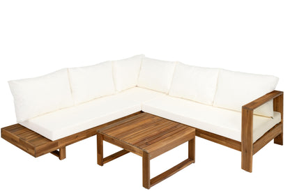 Christopher Knight Home Tenny 5-Seater Acacia Wood Patio Furniture Set, Outdoor Conversation Set with Coffee Table, Patio Sectional Sofa Set for Backyard/Balcony, Teak+Beige