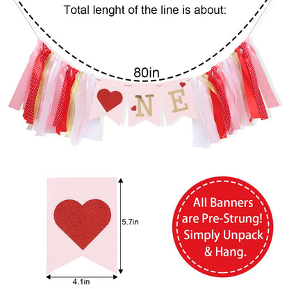 Valentines Day Half Birthday High Chair Banner - 6 Months Baby Party Decorations,1/2 Way To One Red Pink Ribbon Banner,Valentine's Day Highchair Garland,Little Sweetheart 1/2 Birthday Photo Props (Valentines Day 1st Birthday)