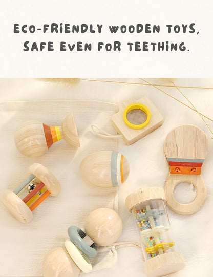 7 PCS Wooden Baby Toys Set - Organic Infant Rattles Newborns 0-6 Month & Montessori-Inspired Musical Instruments for 0-12 Month - Natural Toddler Developmental Toys