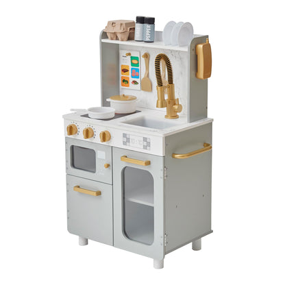 Teamson Kids Little Chef Memphis Wooden Play Kitchen for Toddlers with 16 Accessories, Realistic Pretend Cooking Set with Microwave Oven Sink Faucet Storage for Kids Ages 3+ Gray Gold Marble