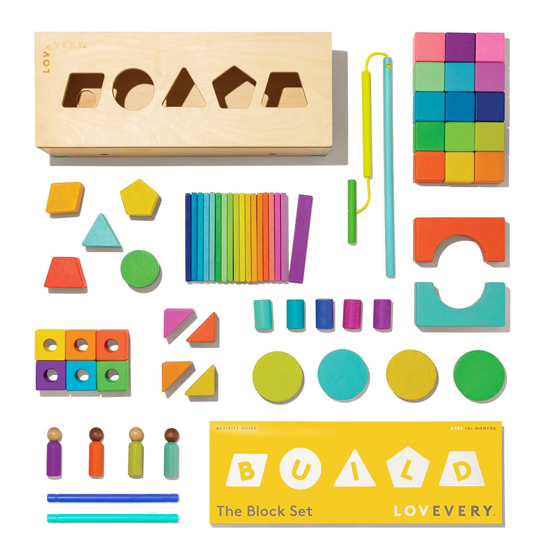 Lovevery | The Block Set | Solid Wood Building Blocks and Shapes + Wooden Storage Box, 70 Pieces & The Music Set | 6 Instruments and Rhythm & Songs Book, Toddler and Kids Music Toys
