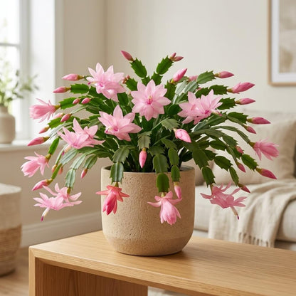 2 Pink Christmas Cactus Live Plant, 5-6 Inch Tall, Easy to Care Indoor Winter Houseplant for Office Desk and Patio Decor, Vigorous Live Holiday Plant