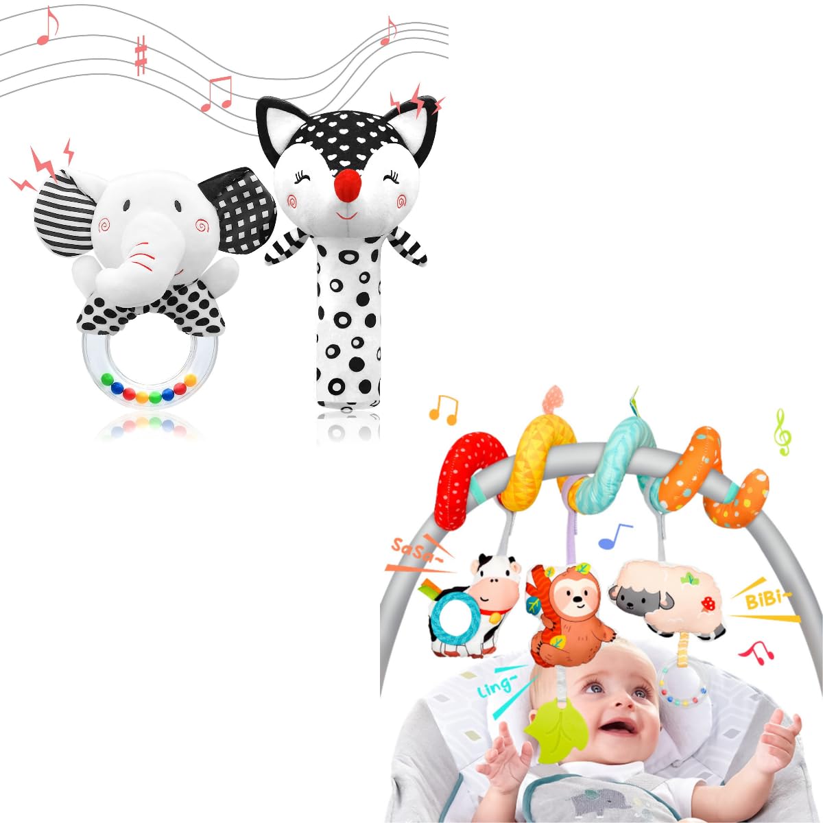 XIXILAND Black and White Baby Rattles & Colorful Farm Car Seat Toys Stroller Toys, Newborn to 12 Months