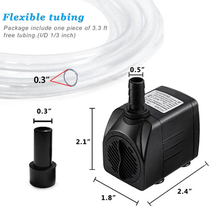 PULACO 160GPH Small Fountain Pump, Ultra Quiet Submersible Water Pump (600L/H, 10Watt) with 3.3 ft Tubing for Aquariums, Pond Fountain, Water Feature, Indoor Fountains