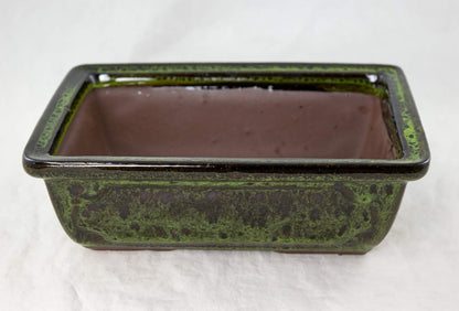 8" Rectangular Moss Green Glazed Bonsai Pot, Cactus & Succulent Planter + Tray + Rock + Mesh Combo