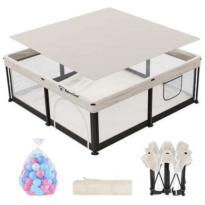 Semoprus Baby Playpen, Portable Indoor Outdoor Play Area with Balls, Beige, 50x50x27 Inch, Quick Fold Design, Mesh Safety Panels, for 0-36 Months