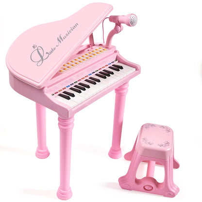 Conomus 31 Keys Piano Keyboard Toy for Kids, Birthday Gift for 1 2 Year Old Girls，Pink Musical Piano Toy for Toddlers with Microphone and Stool