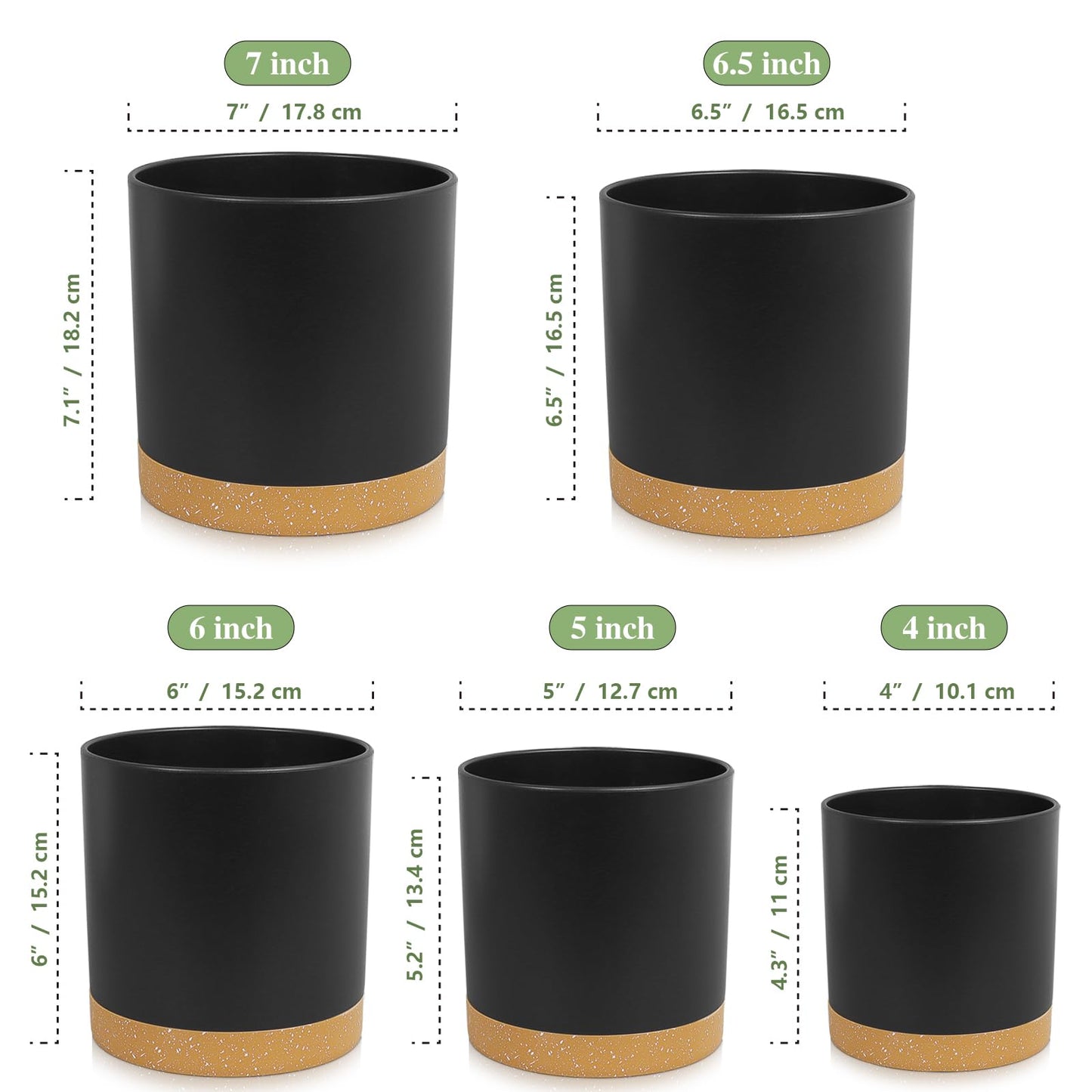 WSMKSZ 5 Pack Cylindrical Flower Pots with 7/6.5/6/5/4 inch, Modern Small Plastic Plant Pots with Drainage Holes & Saucers, Round Planter Pots for Outdoor, Indoor & Office Decor (Black Brown)