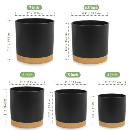 WSMKSZ 5 Pack Cylindrical Flower Pots with 7/6.5/6/5/4 inch, Modern Small Plastic Plant Pots with Drainage Holes & Saucers, Round Planter Pots for Outdoor, Indoor & Office Decor (Black Brown)