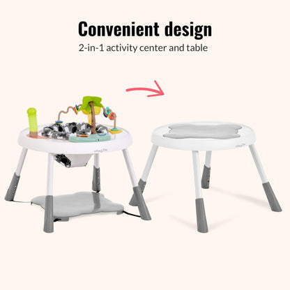 Dream On Me Curio Sit N Seek Baby Activity Center in Grey, 2 in 1 Activity Center and Play Table with 3 Detachable Toys and Music, 3 Level Height Adjustable Positions Activity Center for Baby