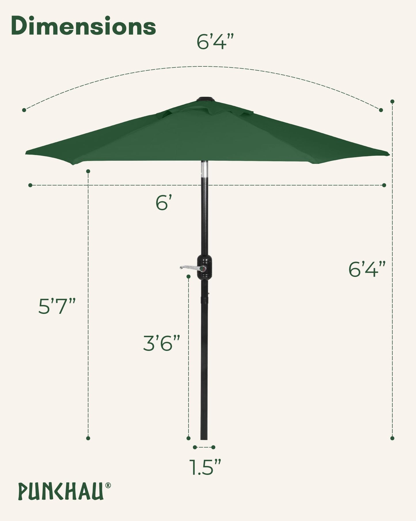 Punchau 6 Ft Outdoor Patio Umbrella, Easy Open/Close Crank and Push Button Tilt Adjustment - Hunter Green Market Umbrellas