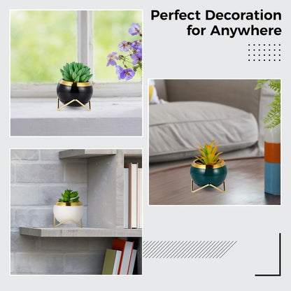 Set Of 3 Air Plant Holders, Metal Stand With Ceramic Pot For Succulents And Cacti, Cute Mini Pots For Indoor Plants